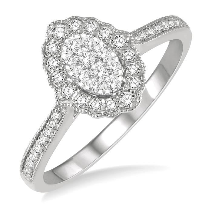 1/3 Ctw Oval Lattice Shine Bright Round Cut Diamond Ladies Ring in 14K White Gold