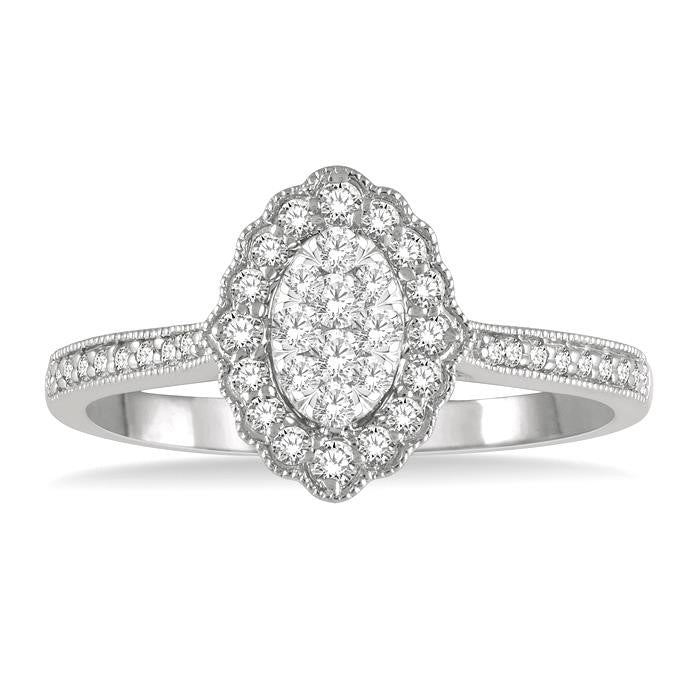 1/3 Ctw Oval Lattice Shine Bright Round Cut Diamond Ladies Ring in 14K White Gold