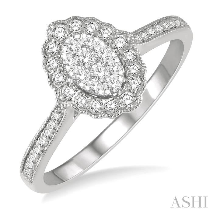 1/3 Ctw Oval Lattice Shine Bright Round Cut Diamond Ladies Ring in 14K White Gold