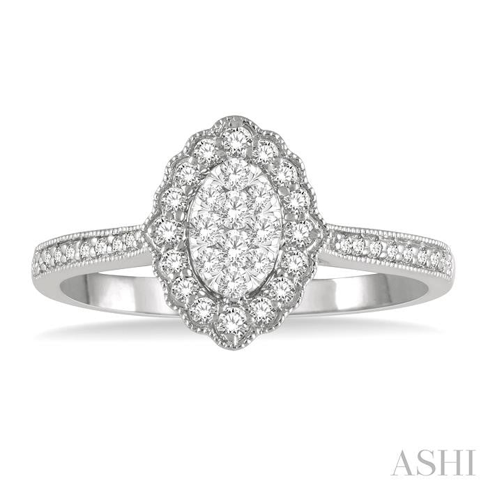 1/3 Ctw Oval Lattice Shine Bright Round Cut Diamond Ladies Ring in 14K White Gold