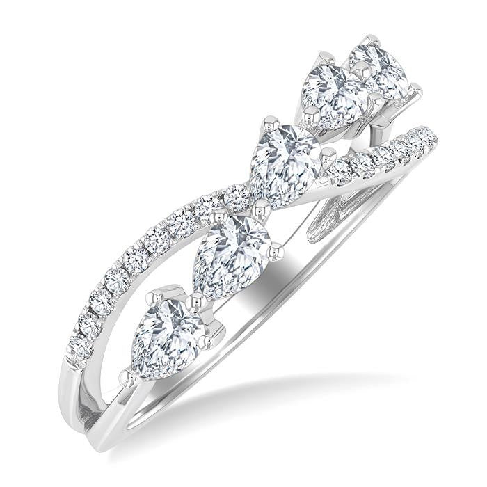 7/8 Ctw Split Criss Cross Pear and Round Cut Diamond Fashion Ring in 14K White Gold