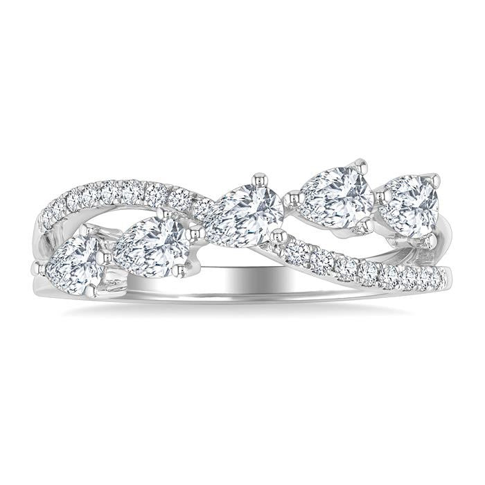 7/8 Ctw Split Criss Cross Pear and Round Cut Diamond Fashion Ring in 14K White Gold