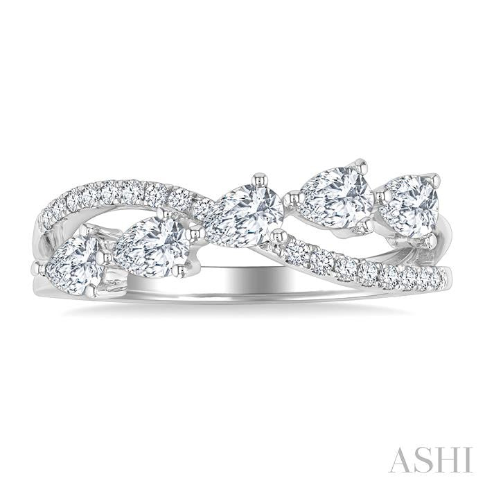 7/8 Ctw Split Criss Cross Pear and Round Cut Diamond Fashion Ring in 14K White Gold
