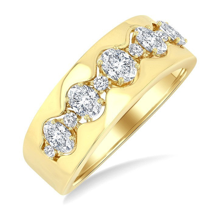 1 Ctw 5-Stone Oval and Round Cut Diamond Wide Fashion Band in 14K Yellow Gold