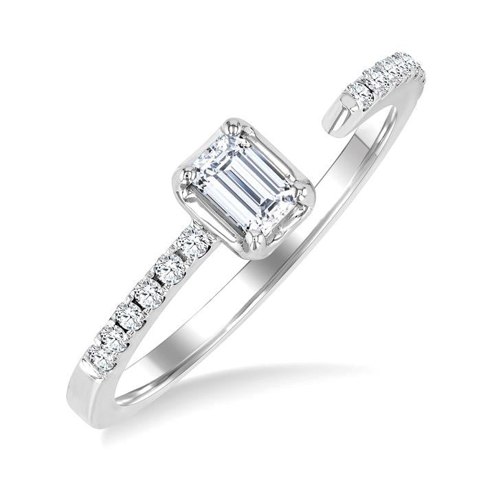 3/8 Ctw Emerald and Round Cut Diamond Fashion Open Ring in 14K White Gold