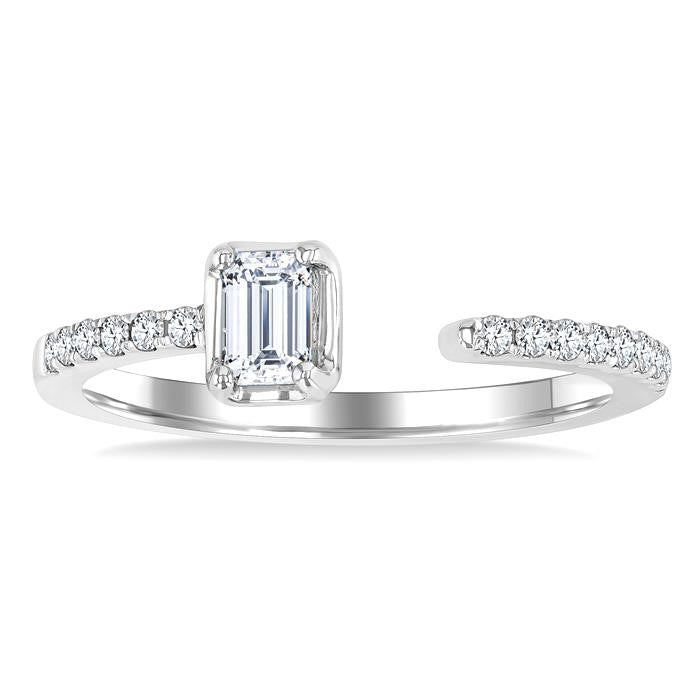 3/8 Ctw Emerald and Round Cut Diamond Fashion Open Ring in 14K White Gold