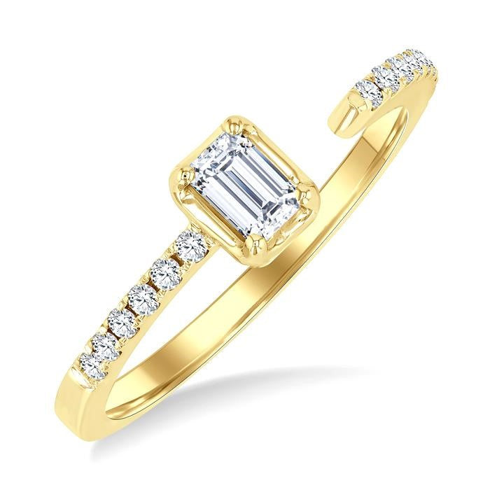 3/8 Ctw Emerald and Round Cut Diamond Fashion Open Ring in 14K Yellow Gold