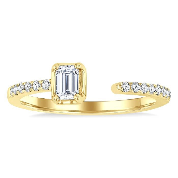 3/8 Ctw Emerald and Round Cut Diamond Fashion Open Ring in 14K Yellow Gold