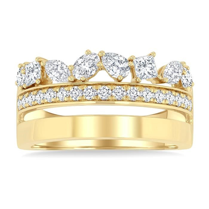 1 1/6 Ctw Split Top Mixed Diamond Cut Bold Gold Fashion Wide Band in 14K Yellow Gold