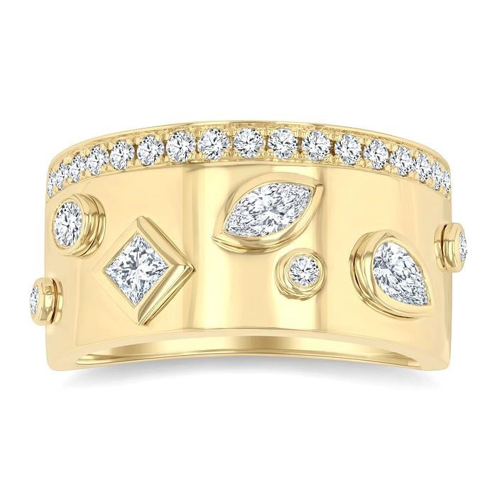 3/4 Ctw Mixed Cut Diamond Mosaic Fashion Wide Band in 14K Yellow Gold