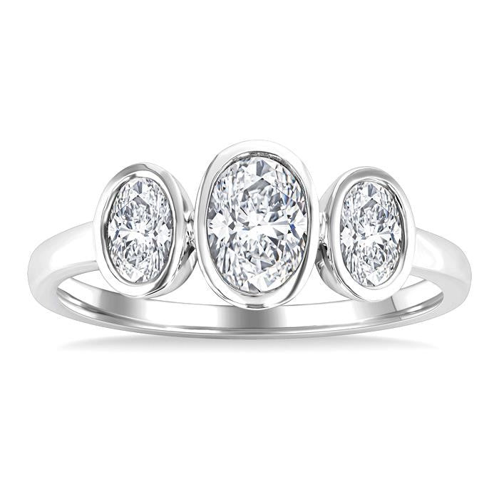 1 Ctw 3-Stone Bezel Set Oval Cut Diamond Ring in 14K White Gold