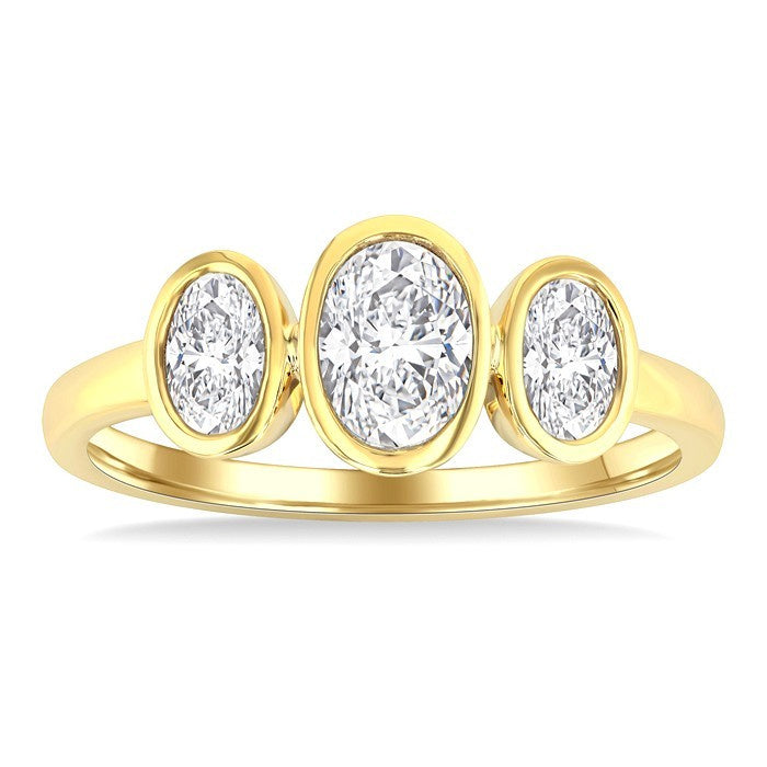 1 Ctw 3-Stone Bezel Set Oval Cut Diamond Ring in 14K Yellow Gold