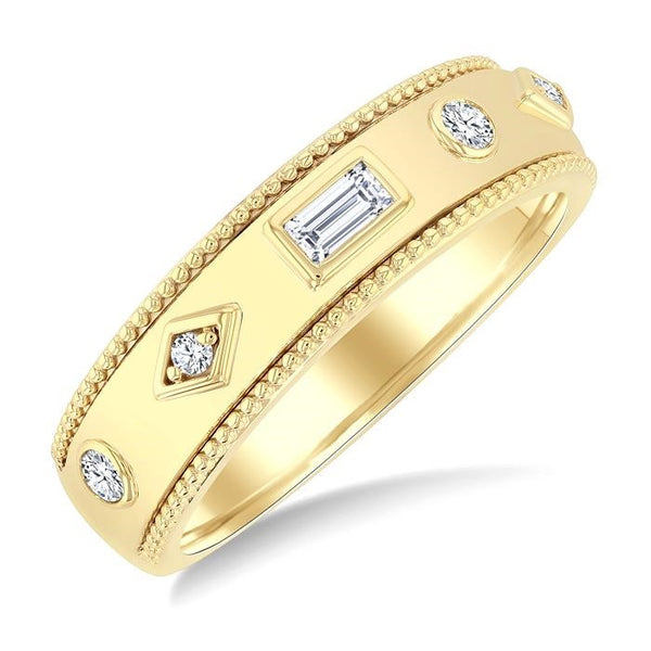 1/6 Ctw Mixed Shape Bezel Set Baguette and Round Cut Diamond Fashion Band in 14K Yellow Gold