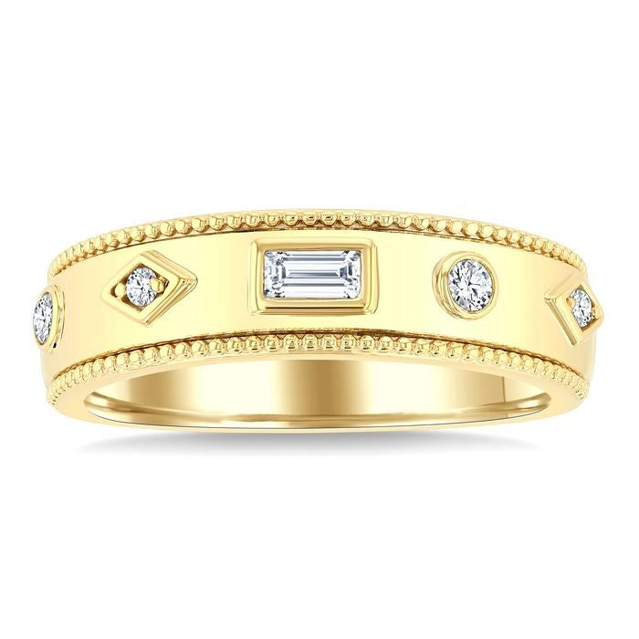 1/6 Ctw Mixed Shape Bezel Set Baguette and Round Cut Diamond Fashion Band in 14K Yellow Gold