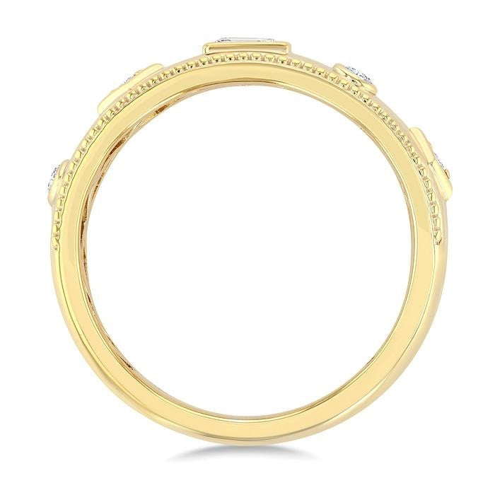 1/6 Ctw Mixed Shape Bezel Set Baguette and Round Cut Diamond Fashion Band in 14K Yellow Gold