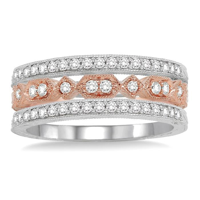 1/2 Ctw Round Cut Diamond Triple Band Set in 14K White and Rose Gold