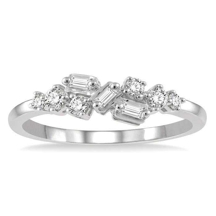 1/4 Ctw Baguette and Round Cut Diamond Fashion Scatter Ring in 14K White Gold