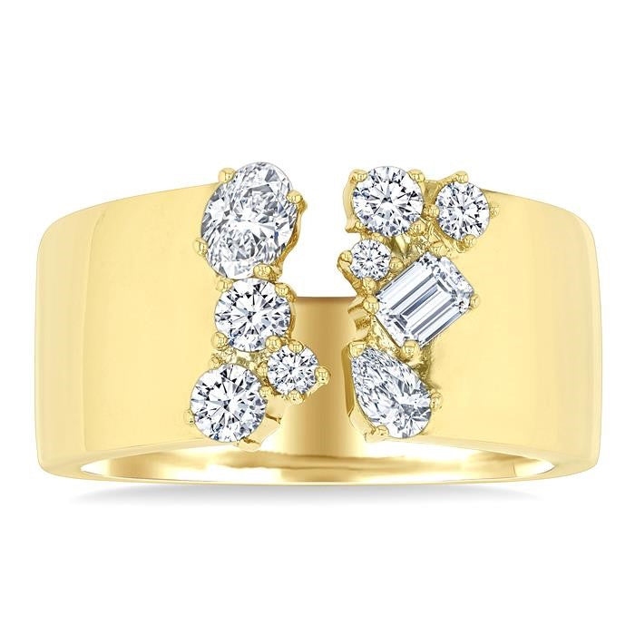 3/4 Ctw Open Top Mixed Diamond Cut Wide Fashion Band in 14K Yellow Gold