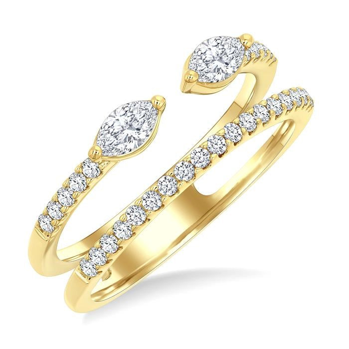 1/2 Ctw Split Twin Row 2-Stone Marquise and Round Cut Diamond Fashion Ring in 14K Yellow Gold