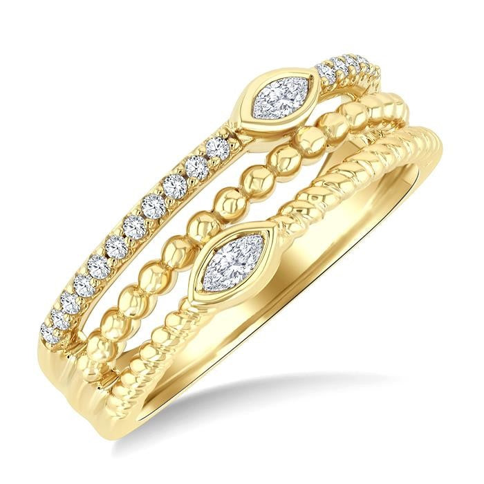 1/5 Ctw Split Three Row Marquise and Round Cut Bead Bijoux Diamond Fashion Band in 10K Yellow Gold