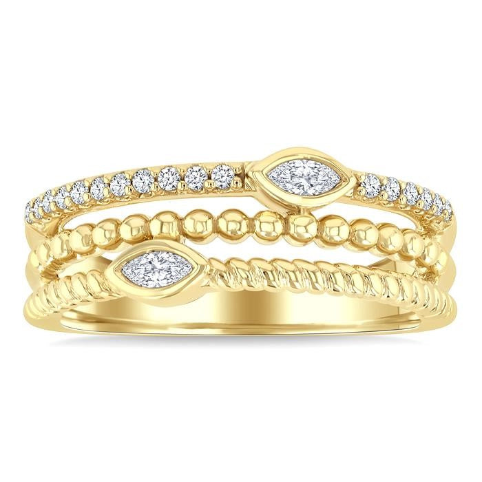 1/5 Ctw Split Three Row Marquise and Round Cut Bead Bijoux Diamond Fashion Band in 10K Yellow Gold