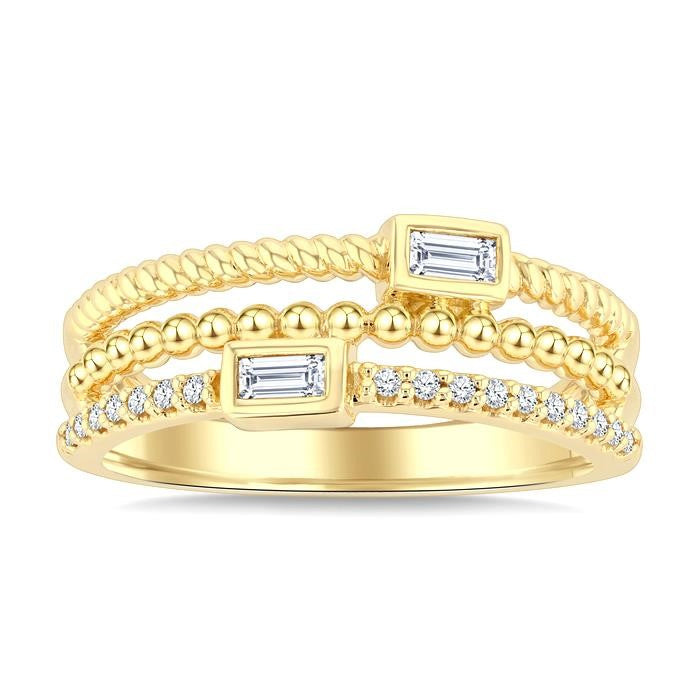 1/5 Ctw Triple Row Baguette and Round Cut Bead Bijoux Diamond Fashion Band in 10K Yellow Gold