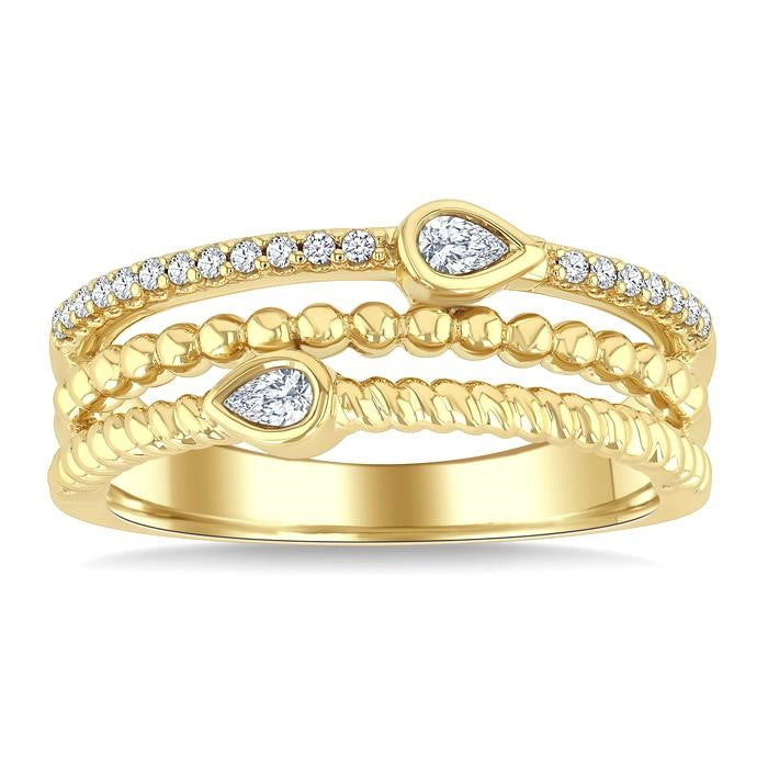 1/5 Ctw Split Three Row Pear and Round Cut Bead Bijoux Diamond Fashion Band in 10K Yellow Gold