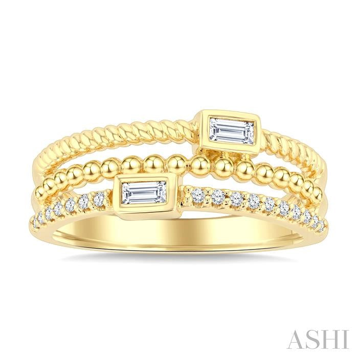 1/5 Ctw Triple Row Baguette and Round Cut Bead Bijoux Diamond Fashion Band in 10K Yellow Gold
