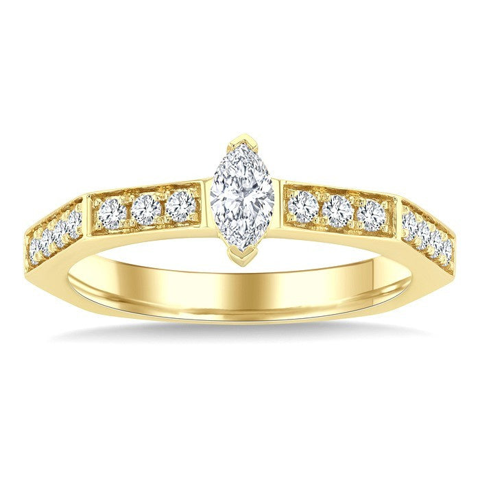 3/8 Ctw Hexagon Shank Marquise and Round Cut Diamond Fashion Ring in 14K Yellow Gold