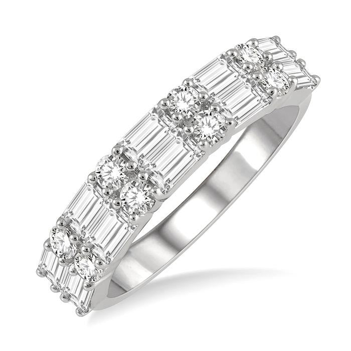 1 1/5 Ctw Double Baguette and Round Cut Diamond Fashion Band in 14K White Gold