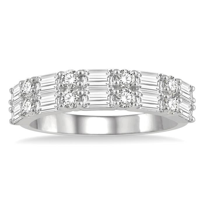 1 1/5 Ctw Double Baguette and Round Cut Diamond Fashion Band in 14K White Gold