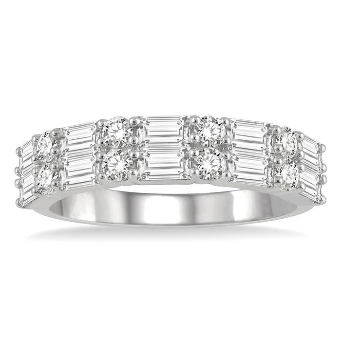 1 1/5 Ctw Double Baguette and Round Cut Diamond Fashion Band in 14K White Gold