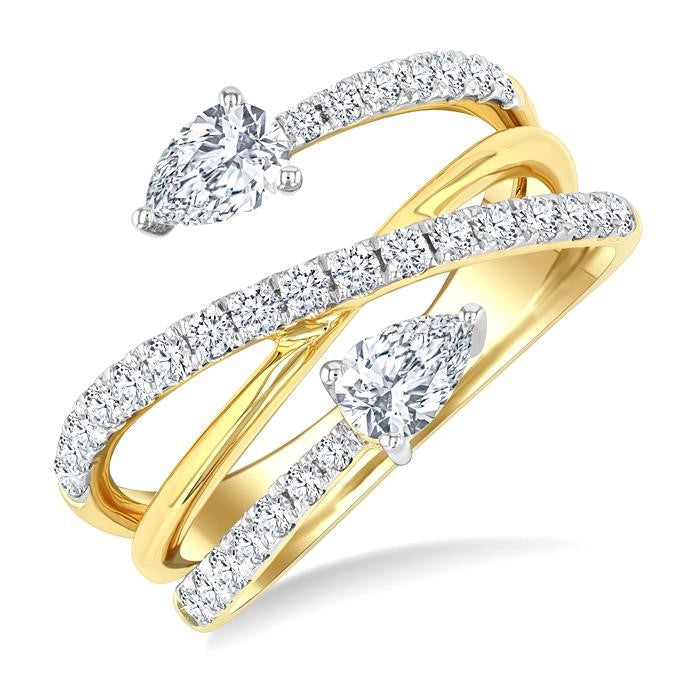 1 Ctw East West Pear and Round Cut Diamond Split Open-End Fashion Ring in 14K Yellow Gold