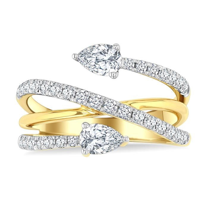 1 Ctw East West Pear and Round Cut Diamond Split Open-End Fashion Ring in 14K Yellow Gold