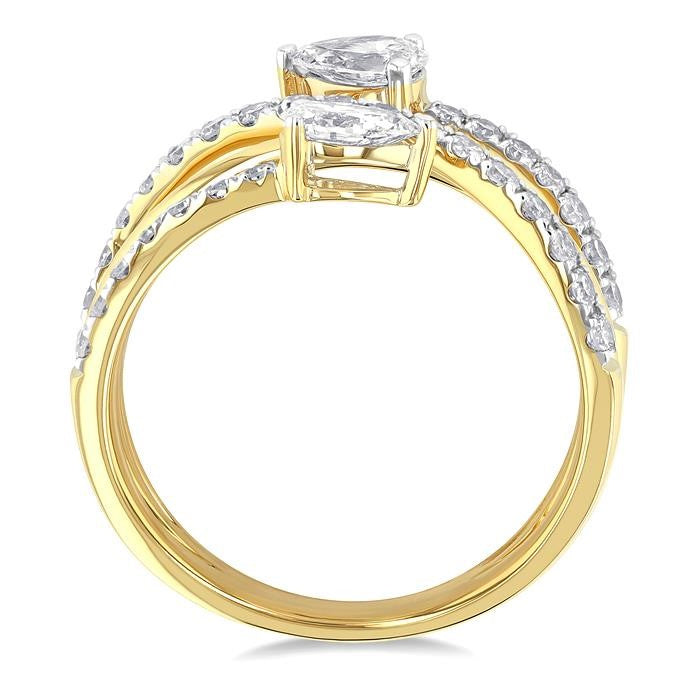 1 Ctw East West Pear and Round Cut Diamond Split Open-End Fashion Ring in 14K Yellow Gold