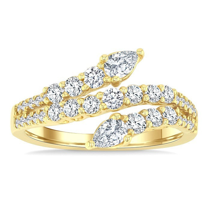 1 Ctw Split Three-Arm Bypass Pear and Round Cut Diamond Fashion Band in 14K Yellow Gold
