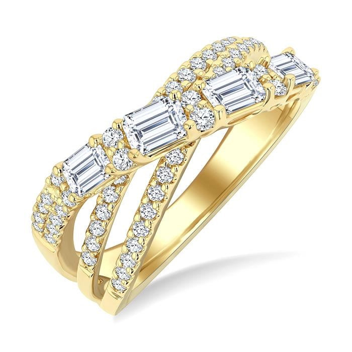 1 1/4 Ctw Emerald and Round Cut Diamond Split Crossover Fashion Ring in 14K Yellow Gold