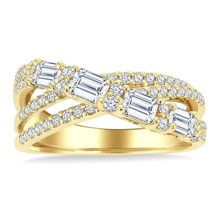 1 1/4 Ctw Emerald and Round Cut Diamond Split Crossover Fashion Ring in 14K Yellow Gold