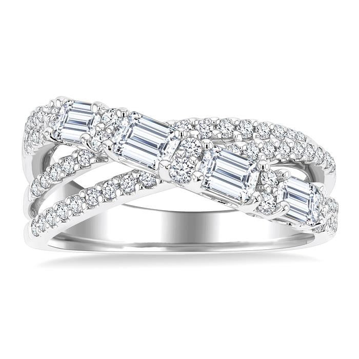 1 1/4 Ctw Emerald and Round Cut Diamond Split Crossover Fashion Ring in 14K White Gold