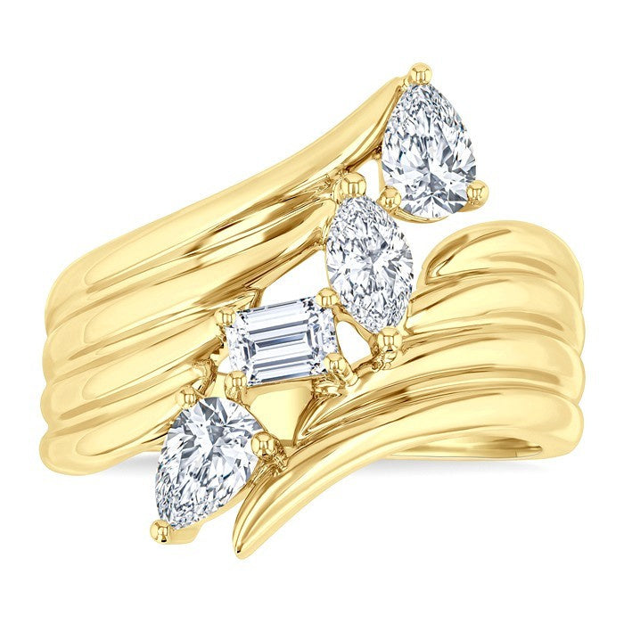 1 Ctw Open Bypass Ribbed Shank Mixed Diamond Cut Fashion Ring in 14K Yellow Gold