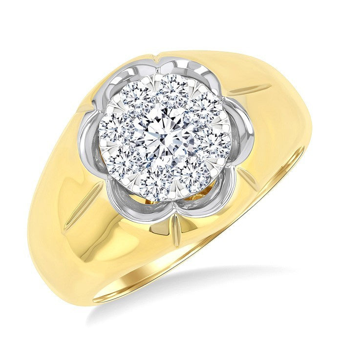 1 Ctw Floral Center Shine Bright Round Cut Diamond Men's Ring in 10K Yellow and White Gold