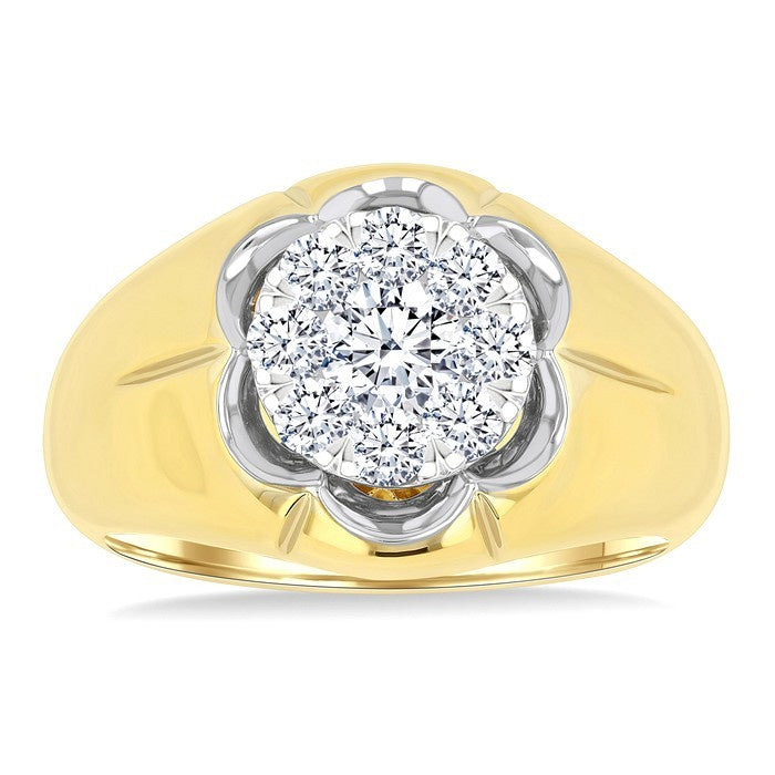 1 Ctw Floral Center Shine Bright Round Cut Diamond Men's Ring in 10K Yellow and White Gold