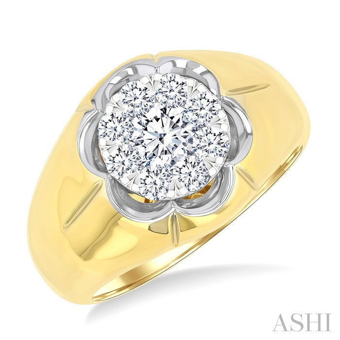 1 Ctw Floral Center Shine Bright Round Cut Diamond Men's Ring in 10K Yellow and White Gold