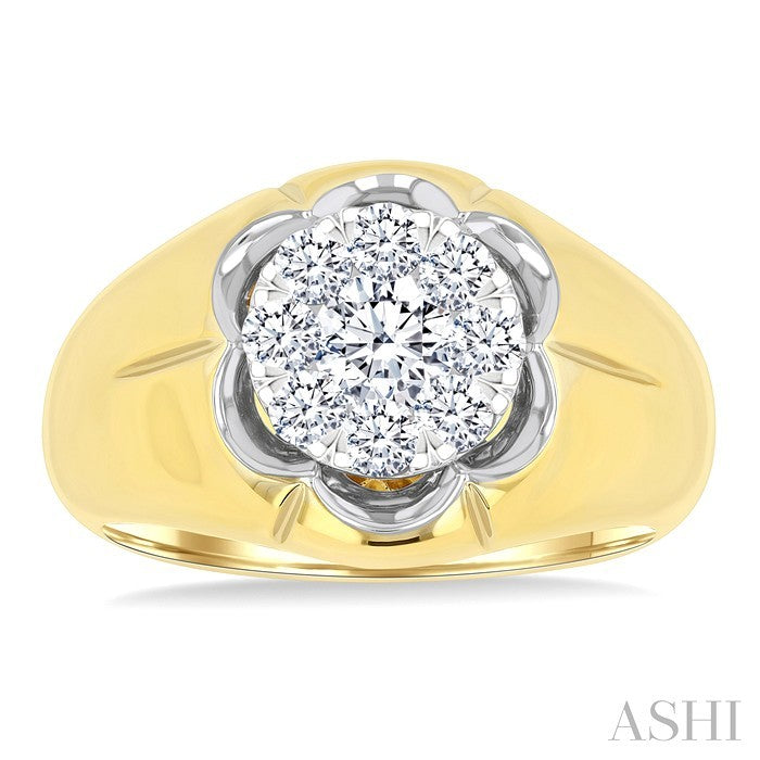 1 Ctw Floral Center Shine Bright Round Cut Diamond Men's Ring in 10K Yellow and White Gold