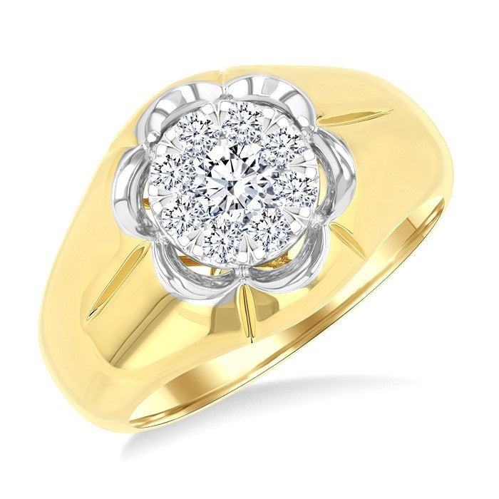 3/4 Ctw Floral Center Shine Bright Round Cut Diamond Men's Ring in 10K Yellow and White Gold