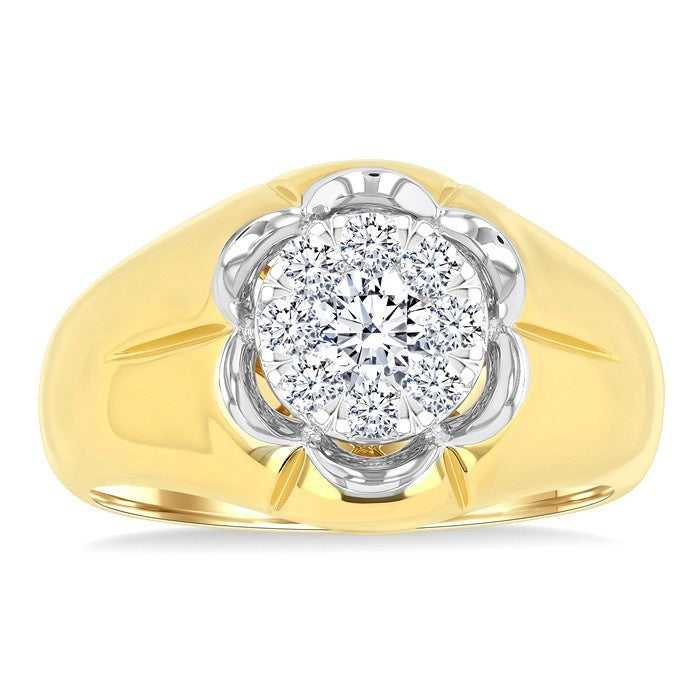 3/4 Ctw Floral Center Shine Bright Round Cut Diamond Men's Ring in 10K Yellow and White Gold