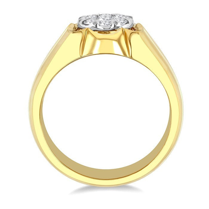 3/4 Ctw Floral Center Shine Bright Round Cut Diamond Men's Ring in 10K Yellow and White Gold