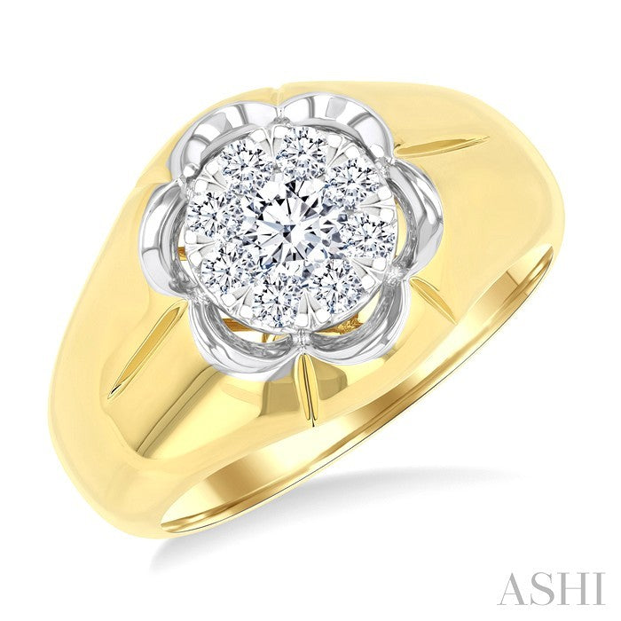 3/4 Ctw Floral Center Shine Bright Round Cut Diamond Men's Ring in 10K Yellow and White Gold