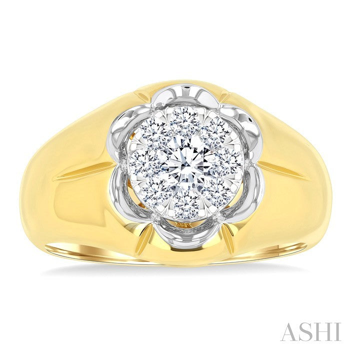 3/4 Ctw Floral Center Shine Bright Round Cut Diamond Men's Ring in 10K Yellow and White Gold