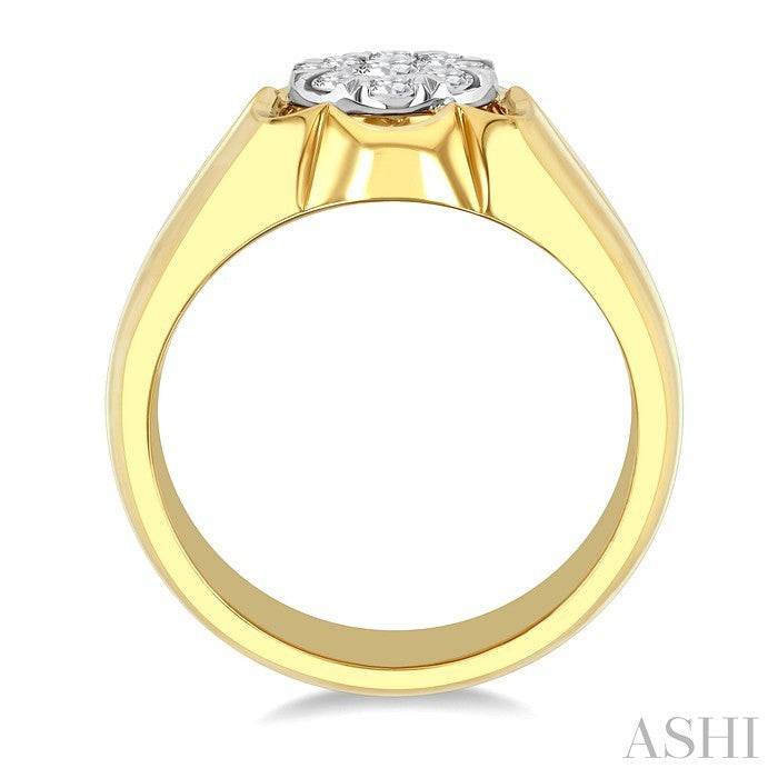 3/4 Ctw Floral Center Shine Bright Round Cut Diamond Men's Ring in 10K Yellow and White Gold